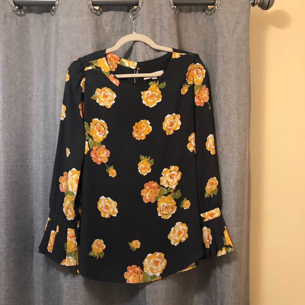 Loft - Dark Gray Poppy Print Blouse - Size Large